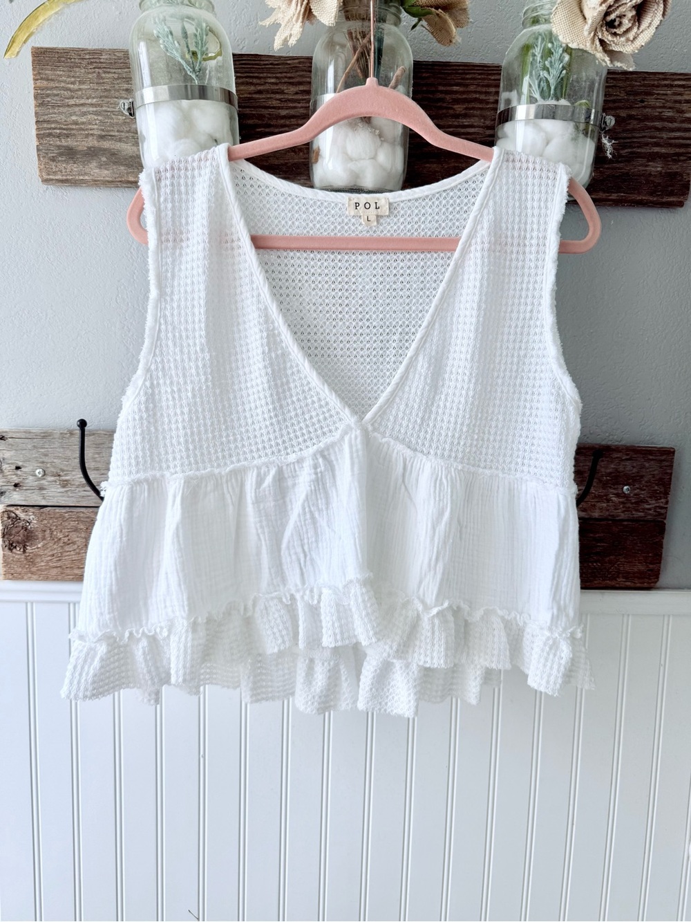 POL White V-Neck Textured Ruffle Camisole
